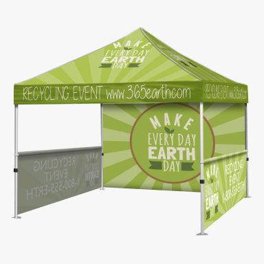 Green promotional tent with "Make Every Day Earth Day" banner and sunburst background.