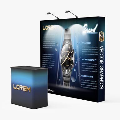 Promotional display featuring a watch with water resistance and details about the brand.