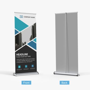 Vertical retractable banner stand showcasing a design with text and geometric patterns.