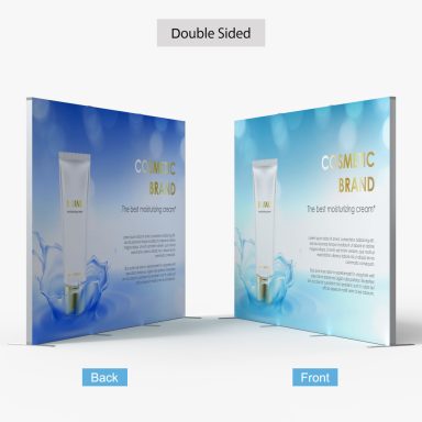 Double-sided display featuring a facial cleansing cream on a blue background.